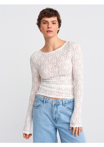 31312 Kayık Yaka Dantel Top-Ekru