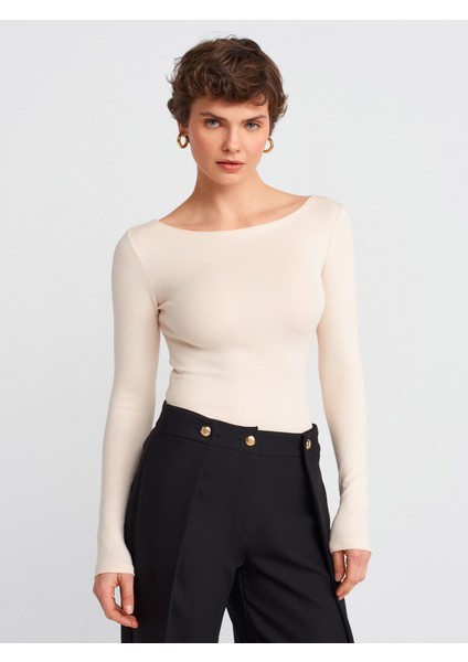 31332 Kayık Yaka Uzun Kollu Top-Taş