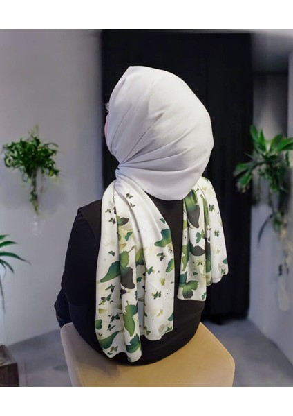 Ağaçkabuğu Kumaş Kelebek Desen Yeşil Soft Şal