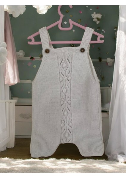 handmade el örgüsü unisex kolsuz ahşap düğmeli bebek tulumu