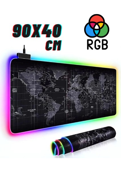 Rgb Dünya Harita Desenli Mouse Pad LED Işıklı Su Geçirmez Gaming Mousepad