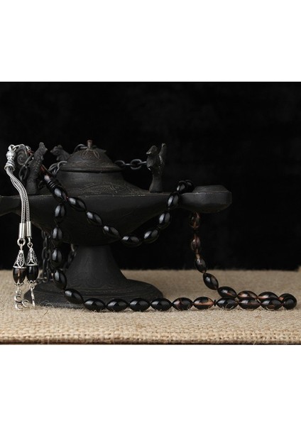 Gümüş Üç Hilal Püsküllü Siyah Renk Sıkma Kehribar Tesbih