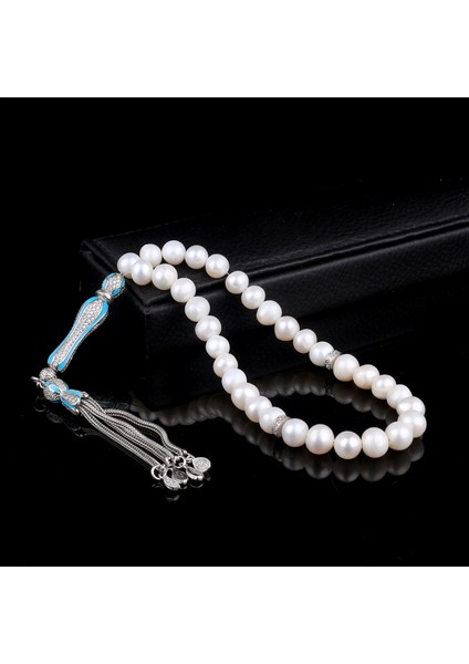 Turkuaz Mine Zirkon Taşlı Gümüş Set Inci Taşlı Tesbih