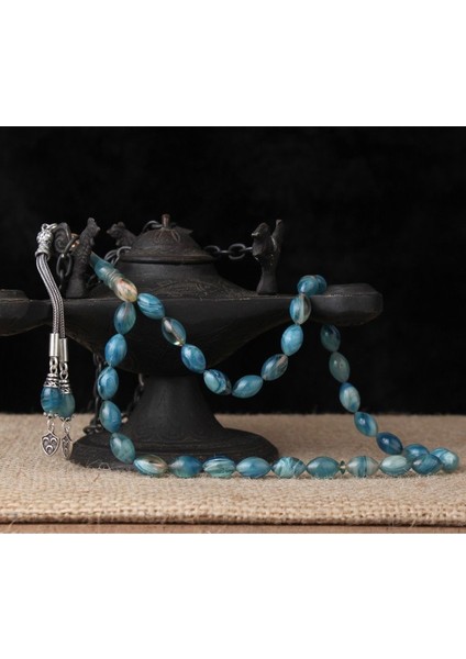 Gümüş Püsküllü Üç Hilal Model Karışık Renk Sıkma Kehribar Tesbih