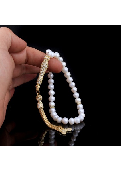 Altın Kaplama Zirkon Taşlı Gümüş Set Inci Taşlı Tesbih