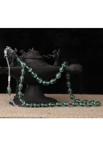 Gümüş Zülfikar Püsküllü Su Yeşili Sıkma Kehribar Tesbih