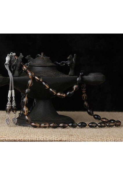 Gümüş Tuğra Püsküllü Sıkma Kehribar Tesbih