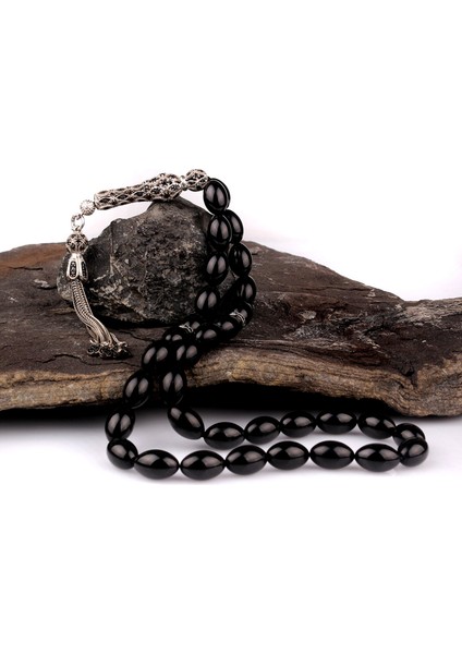 925 Ayar Gümüş Zirkon Taşlı Püsküllü Ateş Kehribar Tesbih