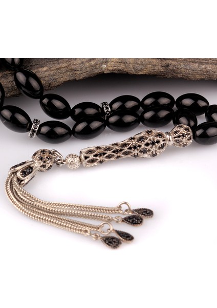 925 Ayar Gümüş Zirkon Taşlı Püsküllü Ateş Kehribar Tesbih fiyatları