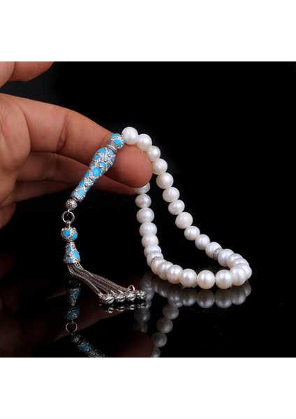 Turkuaz Renk Zirkon Taşlı Gümüş Set Inci Taşlı Tesbih fiyatları