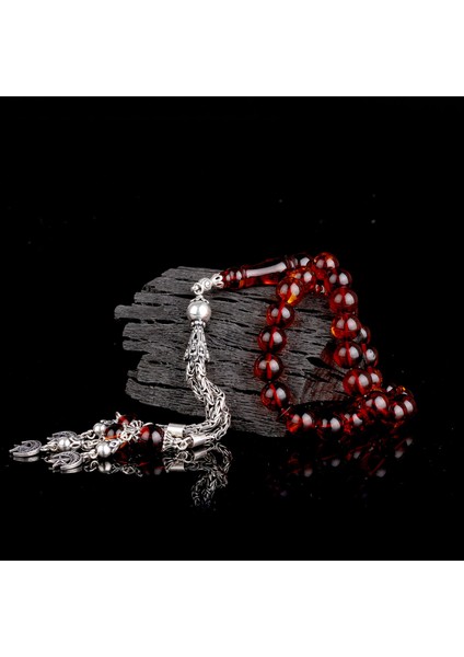 925 Ayar Gümüş Püsküllü Damla Kehribar Tesbih