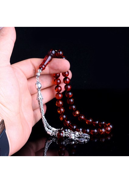 925 Ayar Gümüş Püsküllü Damla Kehribar Tesbih fırsatları