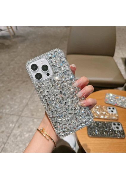 Apple iPhone 13 Pro Max Gümüş Diamond Taşlı Telefon Kılıfı