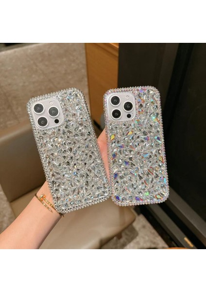 Apple iPhone 13 Pro Max Gümüş Diamond Taşlı Telefon Kılıfı