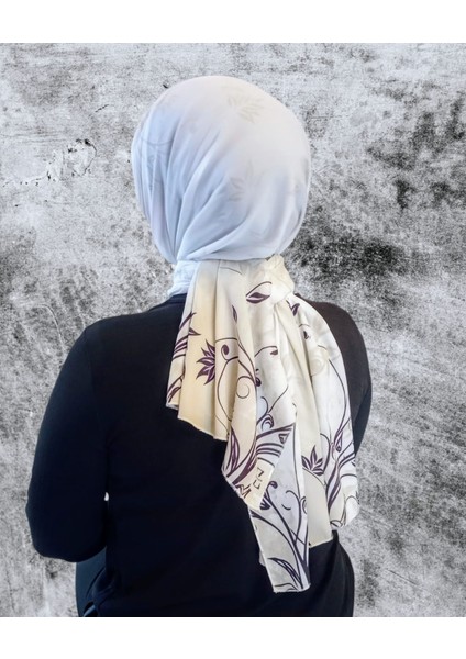 Ağaçkabuğu Kumaş Krem/siyah Çiçek Desen Soft Şal