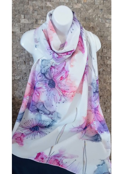 Ağaçkabuğu Zemin Çiçek Desen Pembe Soft Şal