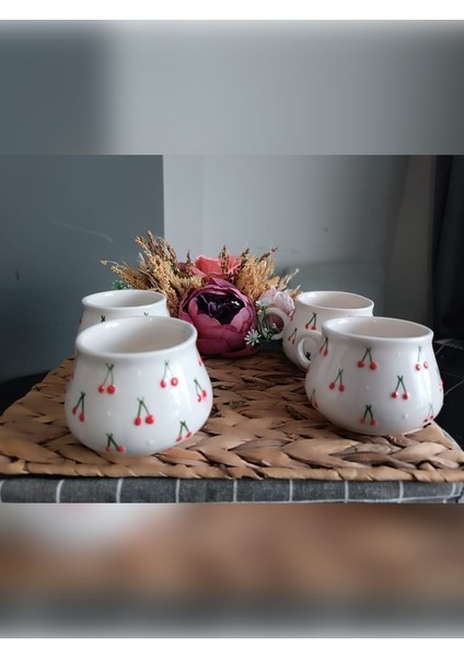 Hediyelik El Işlemeli Kabartma Kiraz Desenli 4'lü Set