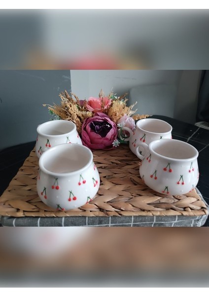Hediyelik El Işlemeli Kabartma Kiraz Desenli 4'lü Set