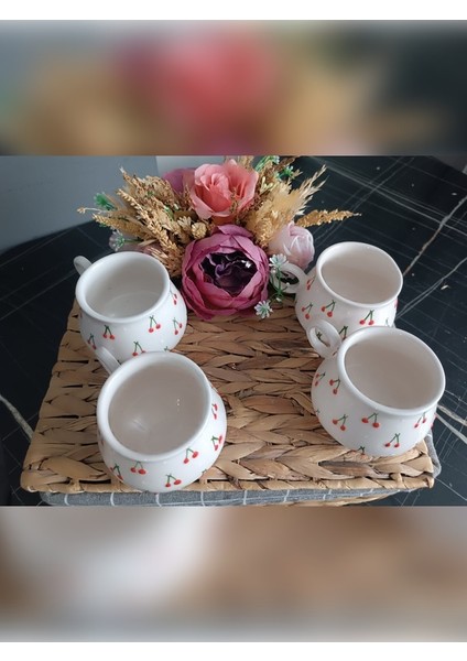 Hediyelik El Işlemeli Kabartma Kiraz Desenli 4'lü Set