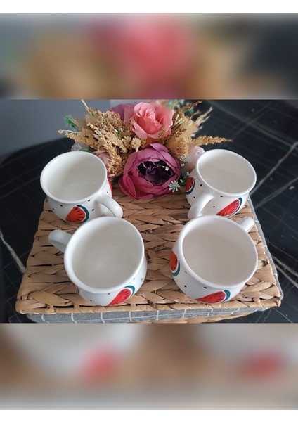 Hediyelik El Işlemeli Karpuz Desenli Kahve ve Çay Seti 4'lü