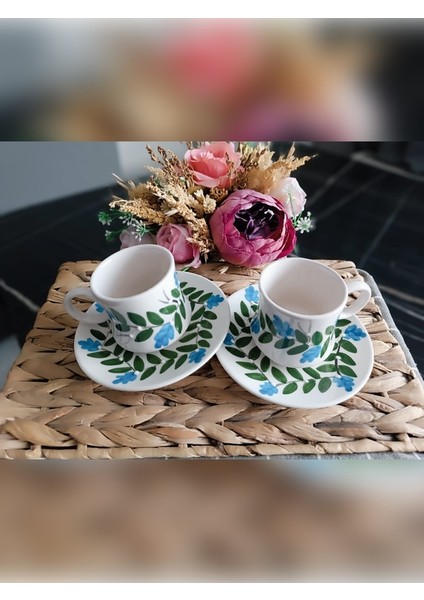 Hediyelik El Işlemeli Kahve Fincan Seti Yaprak Desenli 2'li Set