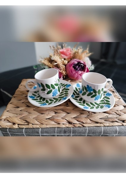 Hediyelik El Işlemeli Kahve Fincan Seti Yaprak Desenli 2'li Set