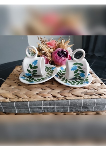 Hediyelik El Işlemeli Kahve Fincan Seti Yaprak Desenli 2'li Set