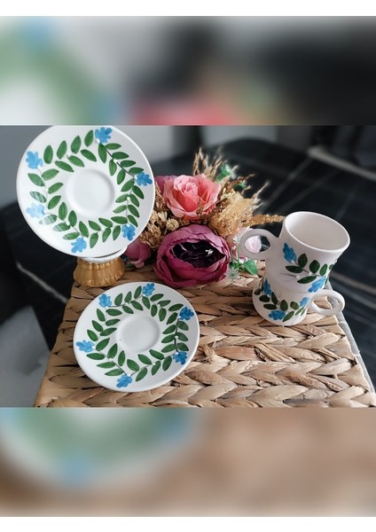 Hediyelik El Işlemeli Kahve Fincan Seti Yaprak Desenli 2'li Set