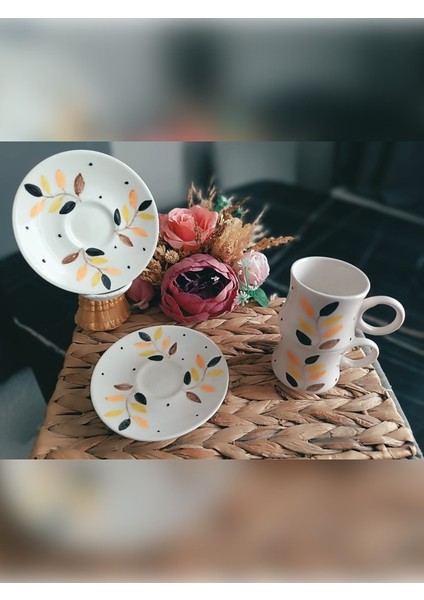 Hediyelik El Işlemeli Kahve Fincan Seti Yaprak Desenli 2'li