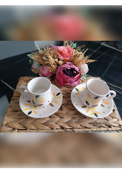 Hediyelik El Işlemeli Kahve Fincan Seti Yaprak Desenli 2'li