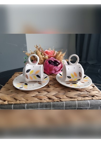 Hediyelik El Işlemeli Kahve Fincan Seti Yaprak Desenli 2'li