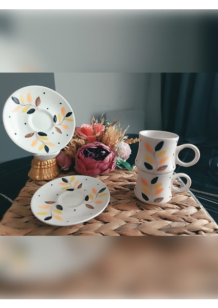 Hediyelik El Işlemeli Kahve Fincan Seti Yaprak Desenli 2'li