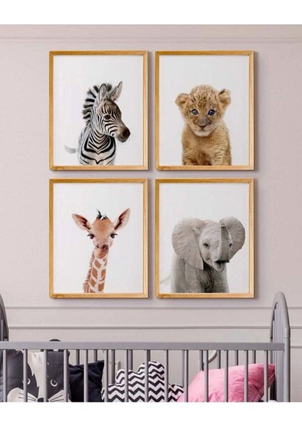 Baby Animal Bebek/çocuk Odası %100 Mdf Dekoratif Duvar Tablo Seti 4 Parça