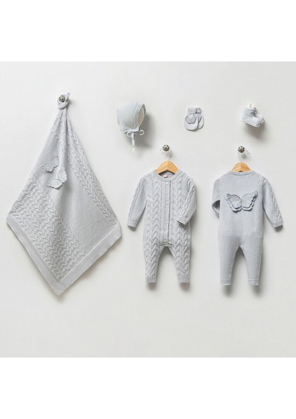 8161N Unisex Bebek Triko Melek Kanatlı 5'li Kutulu Naturel Hastane Çıkış Seti