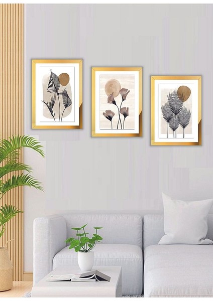 3 Parça Çiçek Ev Dekarasyon Pleksi Çerçeveli Aynalı Parlak Dekor Mdf Çoklu Tablo Set