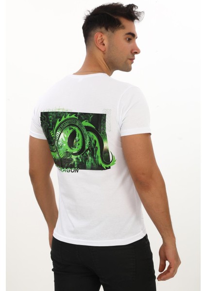 Emerald Dragon Baskılı Özel Tasarım Beyaz T-Shirt (Slim Fit)