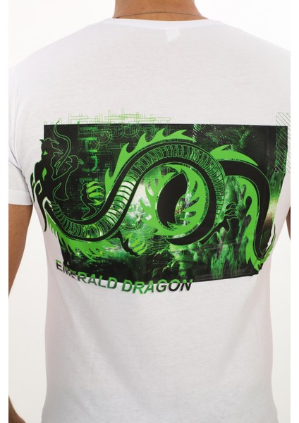 Emerald Dragon Baskılı Özel Tasarım Beyaz T-Shirt (Slim Fit) fiyatları
