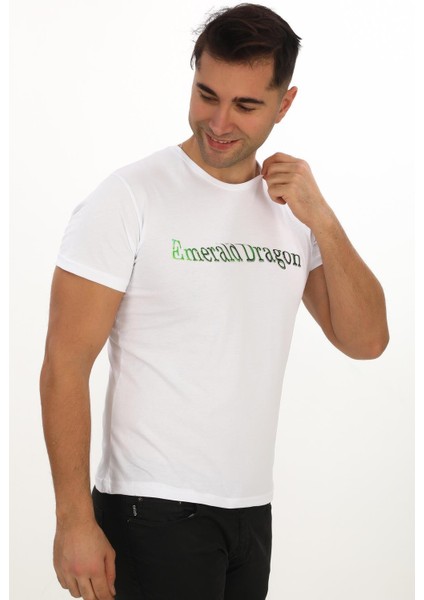 Emerald Dragon Baskılı Özel Tasarım Beyaz T-Shirt (Slim Fit) modelleri
