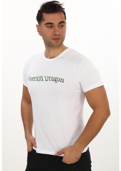 Emerald Dragon Baskılı Özel Tasarım Beyaz T-Shirt (Slim Fit) fırsatları