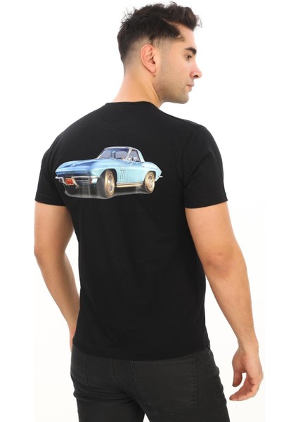 American Classic 1965 Chevrolet Corvette Özel Tasarım Baskılı Siyah T-Shirt (Slim Fit)