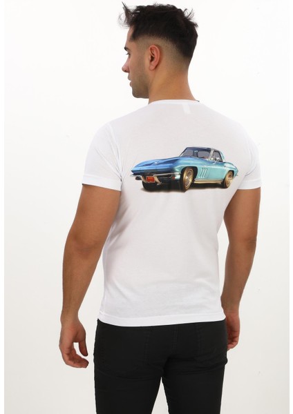 American Classic 1965 Chevrolet Corvette Özel Tasarım Baskılı Beyaz T-Shirt (Slim Fit)