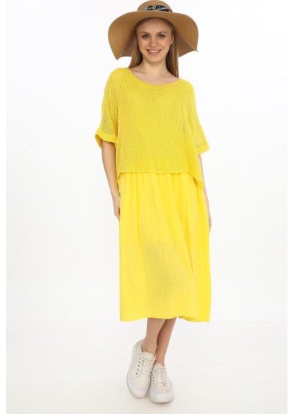 Italyan Müslin Keteni Üstü File Bluzlu Astarlı Tek Parça Elbise