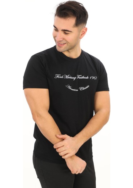 American Classic 1967 Ford M. Fastback Baskılı Özel Tasarım Siyah T-Shirt (Slim Fit)