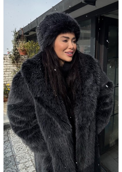 Premium Şal Yaka Mob Wife Suni Kürk Maxsi Kadın Kaban