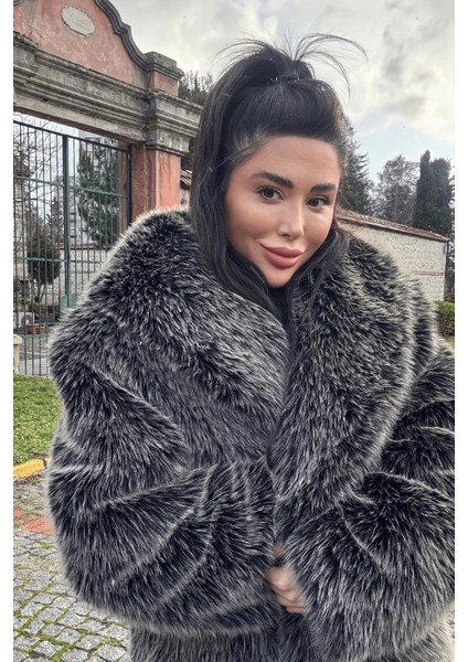 Premium Şal Yaka Mob Wife Suni Kürk Maxsi Kadın Kaban