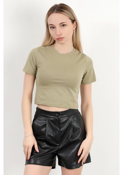Kadın Bisiklet Yaka Kolu Bedende Basic T-Shirt Haki - 925063