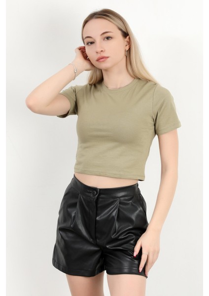 Kadın Bisiklet Yaka Kolu Bedende Basic T-Shirt Haki - 925063 fiyatları