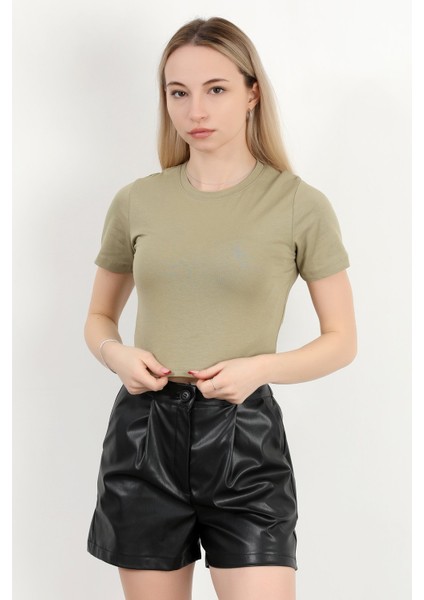 Kadın Bisiklet Yaka Kolu Bedende Basic T-Shirt Haki - 925063 modelleri