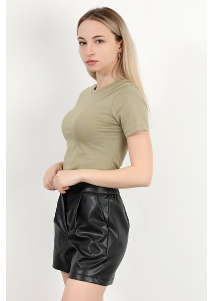 Kadın Bisiklet Yaka Kolu Bedende Basic T-Shirt Haki - 925063 fırsatları