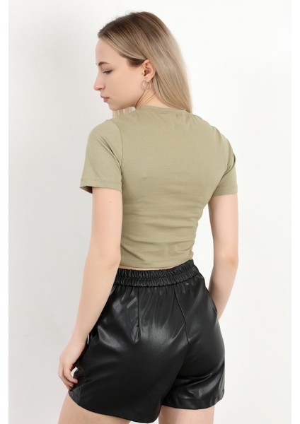 Kadın Bisiklet Yaka Kolu Bedende Basic T-Shirt Haki - 925063 indirimleri